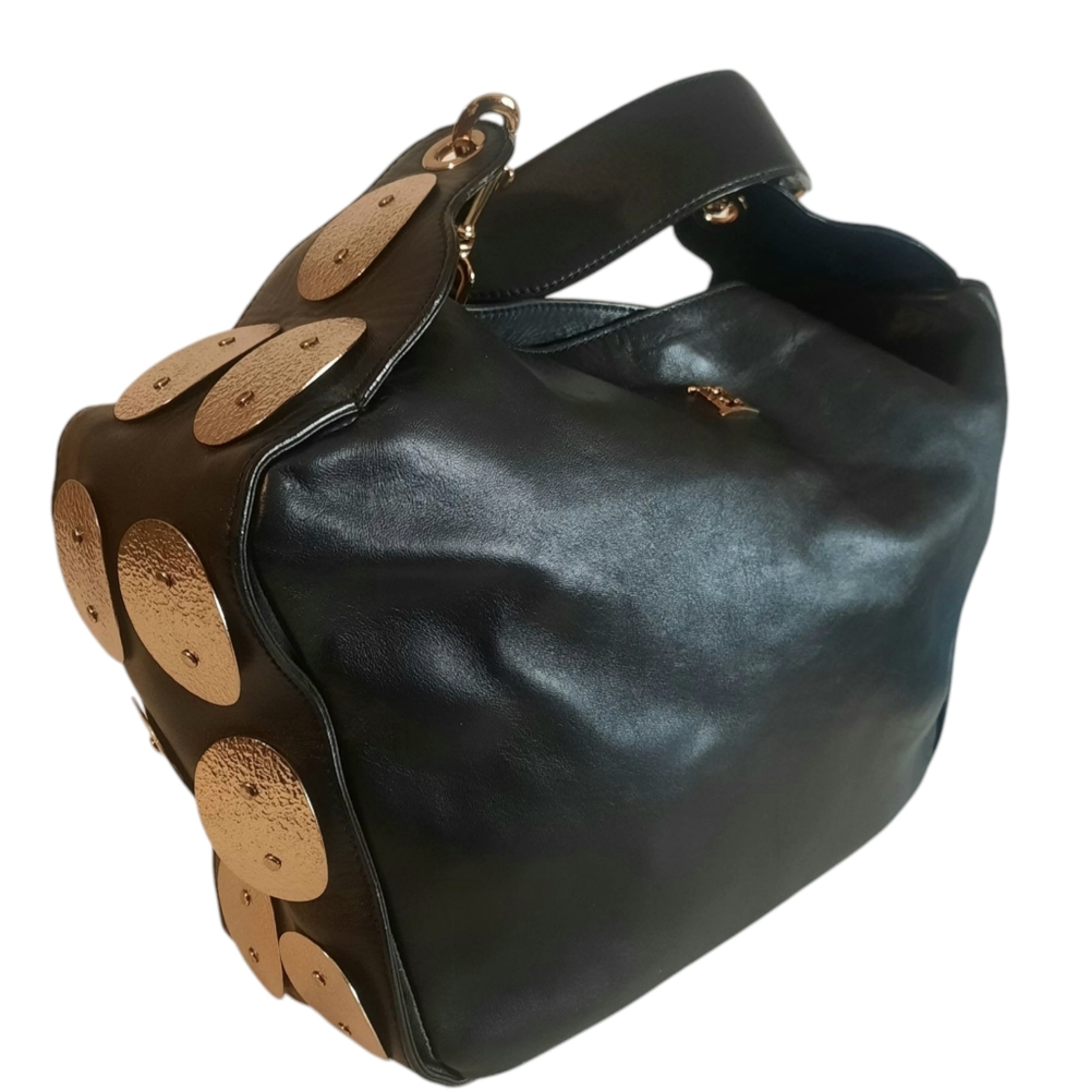 ESCADA Hammered Medallion Large Leather Shoulder Bag Tote Black w/Gold Hardware